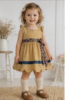 Matilda Jane Dress toddler 18M Mustard Yellow Floral Tie Waist Cottagecore Ruffl